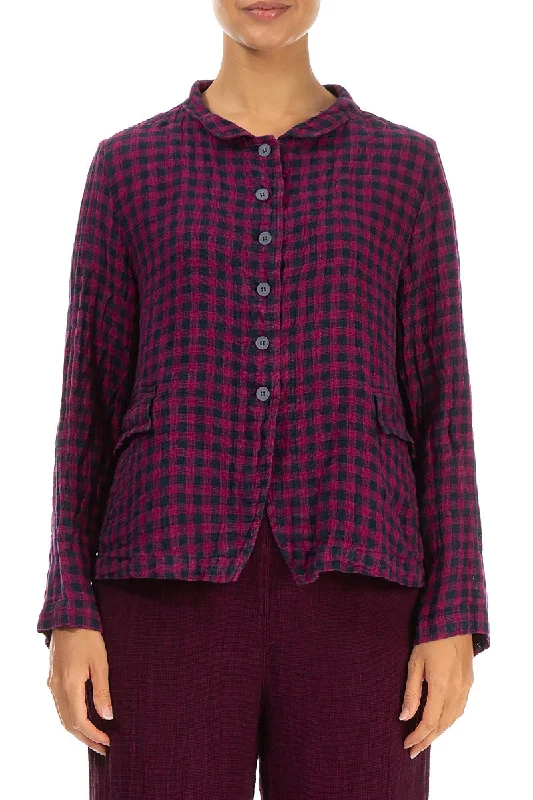 Buttoned Magenta Check Linen Jacket Wool Jacket Cashmere Jacket Tweed Jacket