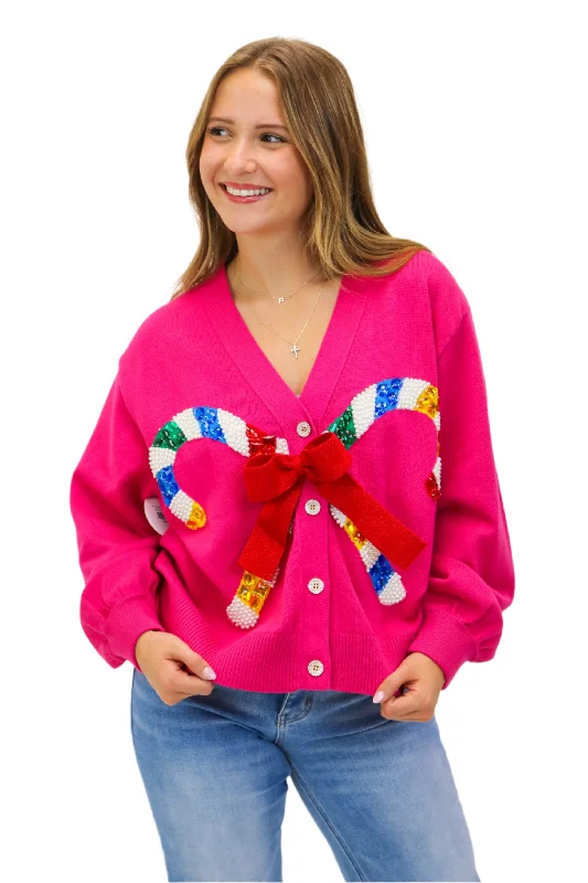 Pink Cardigan with Candy Cane & Bow Anti-Pilling Anti-Shrink Durable