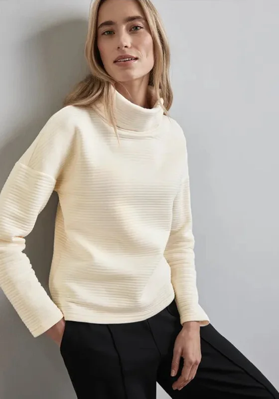 Street One Ribbed Funnel Neck Sweatshirt, Cream Hoodie with Strings Custom Fit Adjustable