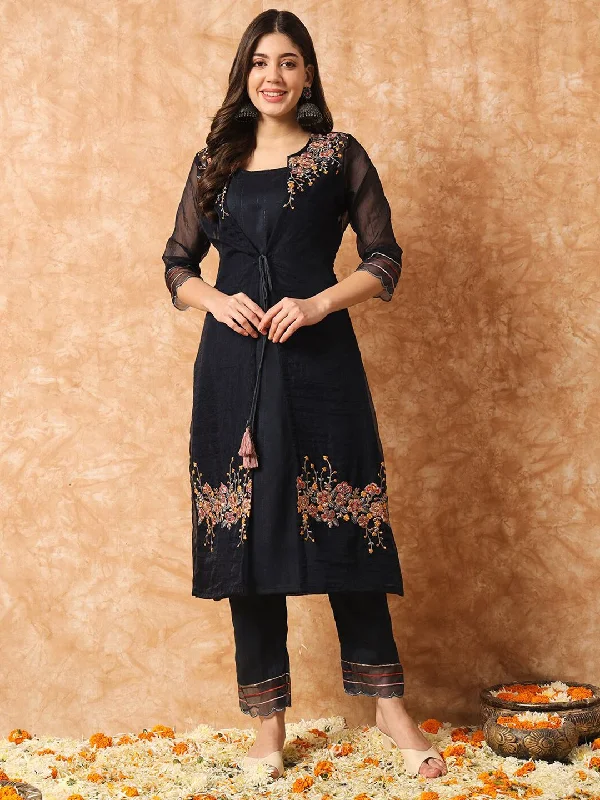 Kalini Floral Embroidered Layered A-Line Kurta with Trousers & Jacket Front Pockets Side Pockets Patch Pockets