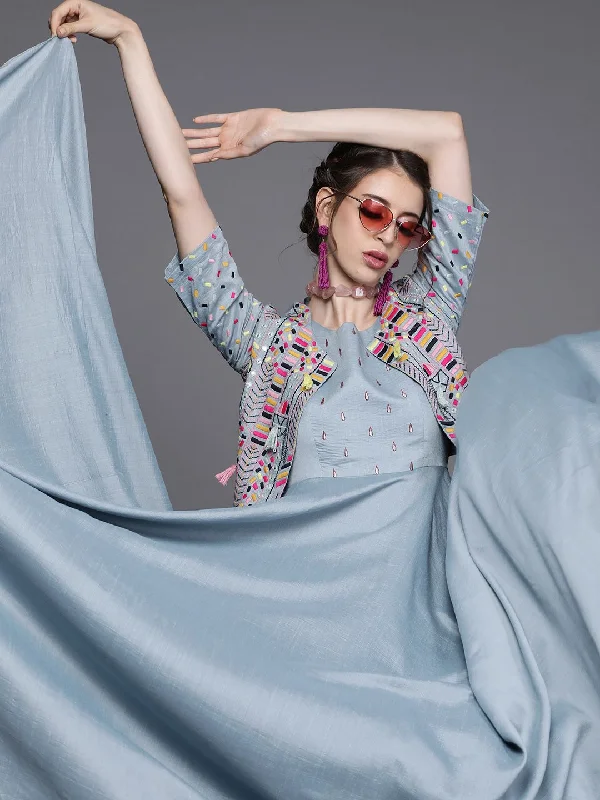Inddus Blue Embroidered Gown with Heavy Embroidered Jacket Wool Jacket Cashmere Jacket Tweed Jacket