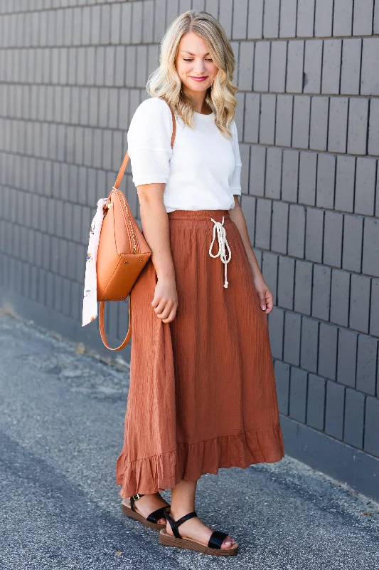 Rust Ruffle Hem Stretch Waist Midi Skirt silk skirt lustrous