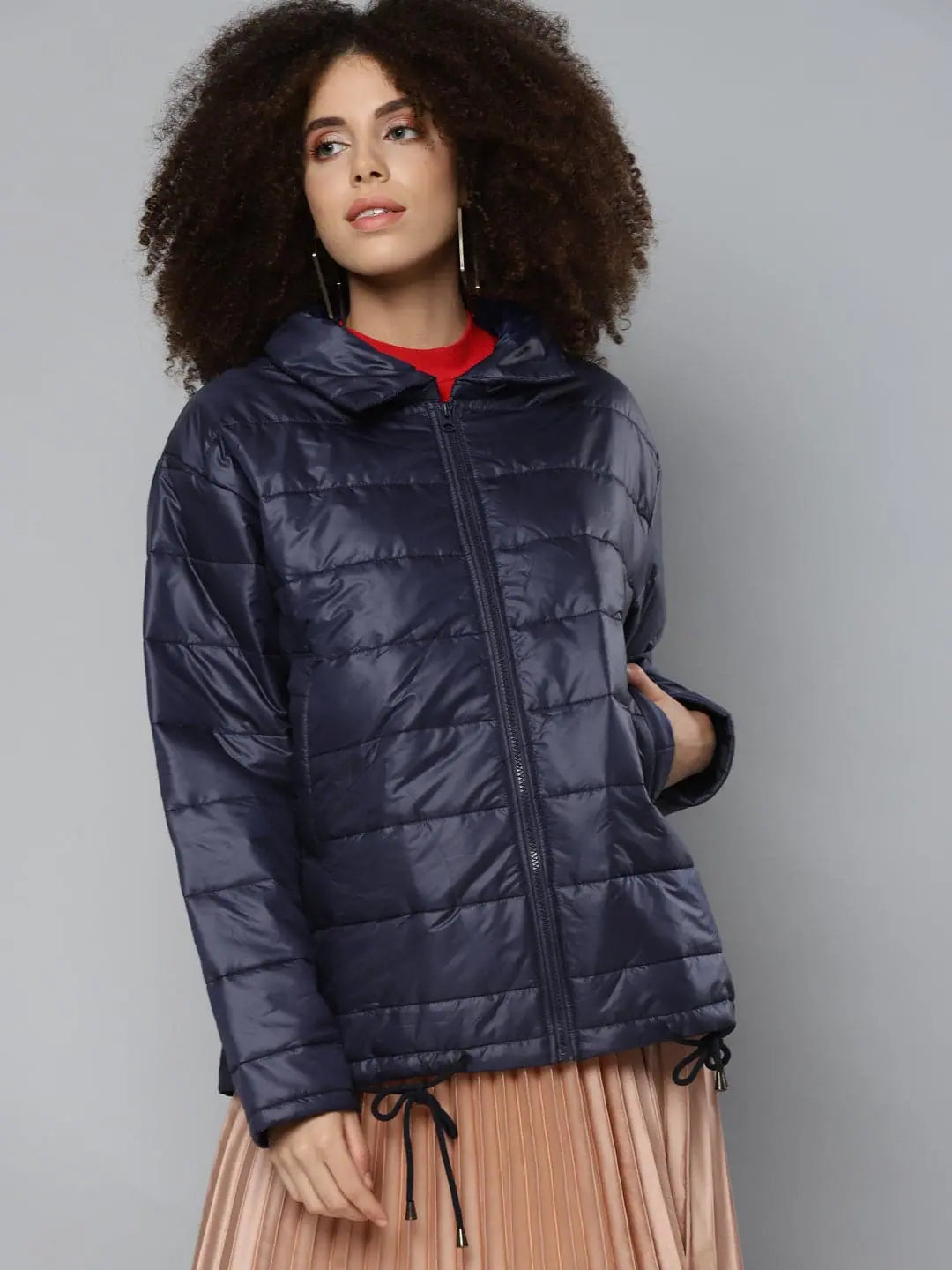 Women Solid Navy Collared Neck Full Sleeve Jacket Elasticated Jacket Padded Jacket Insulated Jacket Women Solid Navy Collared Neck Full Sleeve Jacket Elasticated Jacket Padded Jacket Insulated Jacket