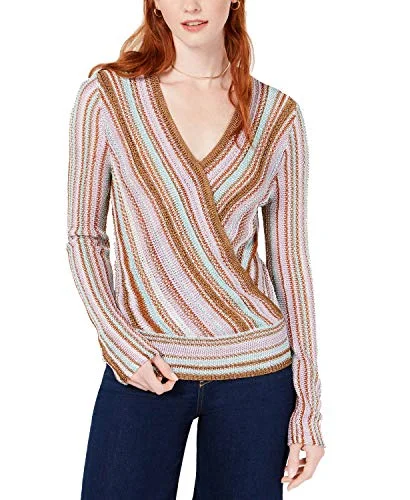 Metallic Surplice Pullover Sweater Seamless Knit Pullover