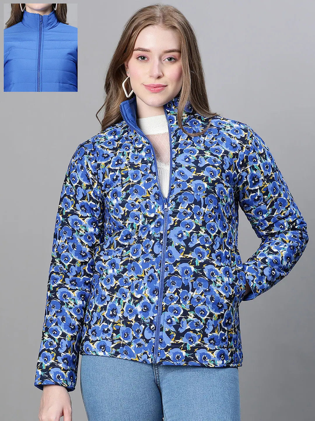 Women Printed Standard Blue Full Sleeve Jacket Hooded Jacket Caped Jacket Shawl Collar Jacket Women Printed Standard Blue Full Sleeve Jacket Hooded Jacket Caped Jacket Shawl Collar Jacket