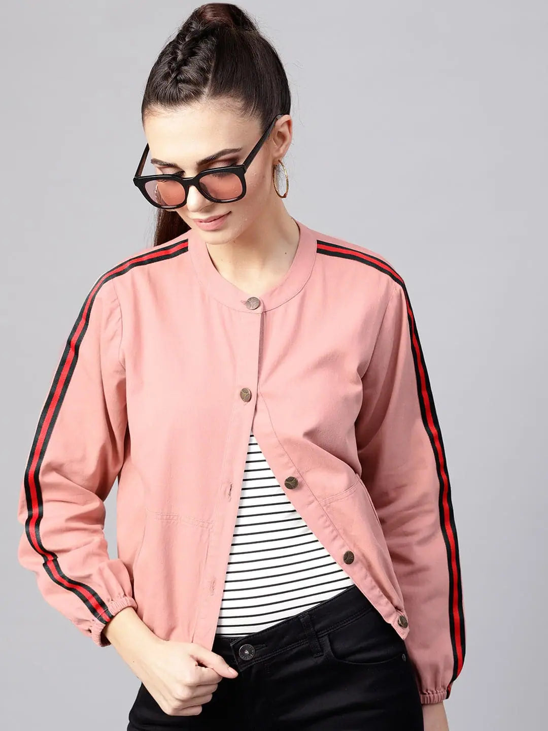 Women Solid Pink Round Neck Full Sleeve Jacket Knit Fabric Woven Fabric Fleece Fabric