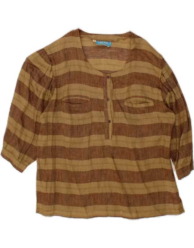 VINTAGE Womens 3/4 Sleeve Pullover Shirt IT 46 Large Brown Striped Bardot Neck Top