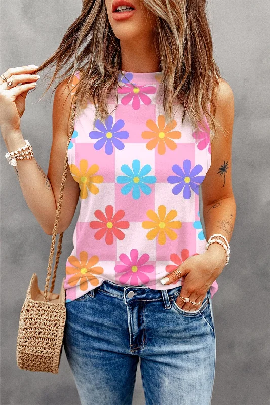 Squared Floral Print Tank Top rhinestone tank top