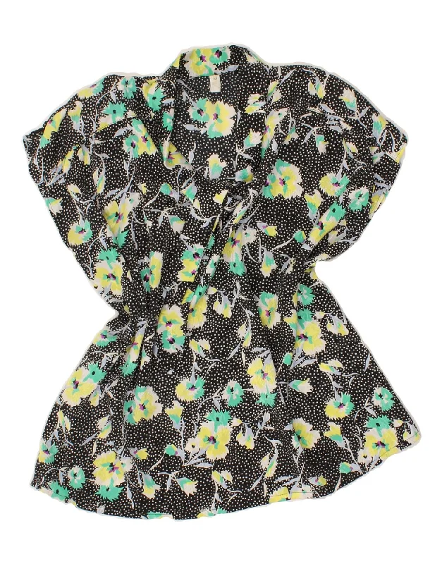 VINTAGE Womens Pullover Shirt Blouse UK 14 Medium Black Floral Bardot Neck Top
