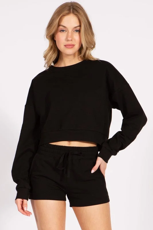 Cropped French Terry Pullover Crewneck Sweatshirt Blouson Sleeve Pullover