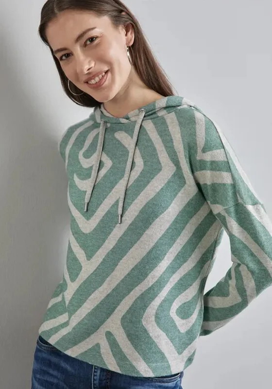 Street One Geometric Print Hoodie, Green Hoodie with Pocket Utility Practical