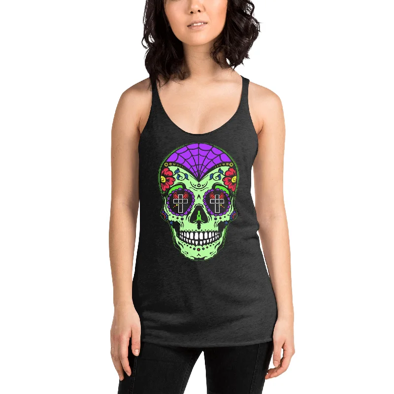 Green Sugar Skull Day of the Dead Halloween Women's Racerback Tank Top Shirt cold shoulder tank