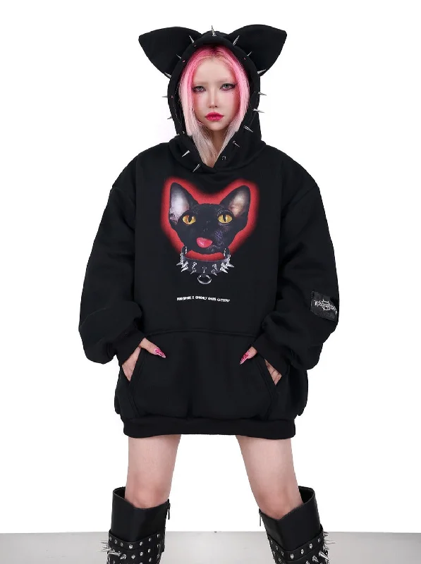 PINKSPINK Spiked Cat-Ear Hoodie - Black with Gothic Cat Print Hoodie with Front Slit Layering Stylish PINKSPINK Spiked Cat-Ear Hoodie - Black with Gothic Cat Print Hoodie with Front Slit Layering Stylish