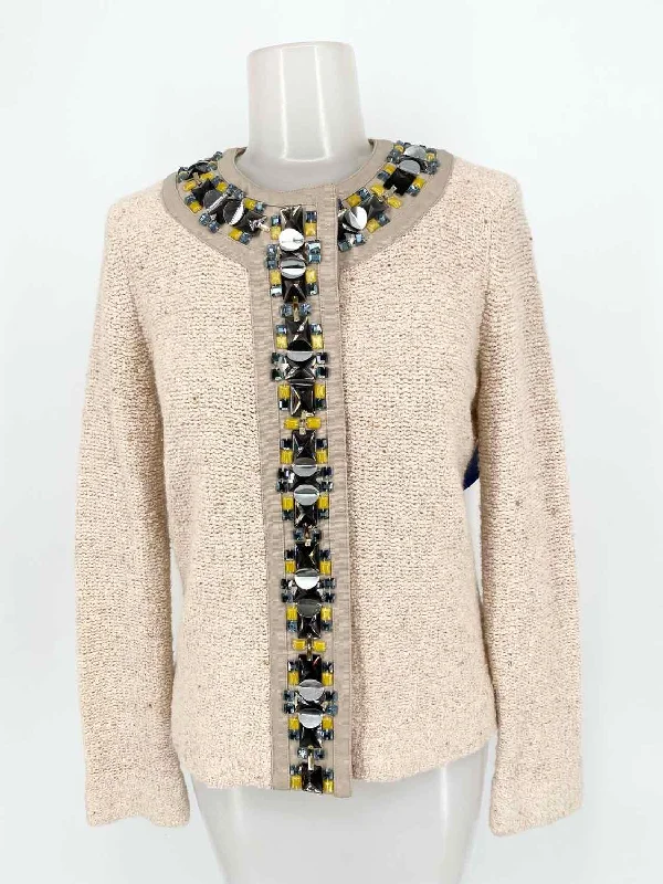 Tory Burch Women's Tan Embellished Size S Cardigan Glossy Satin Silk