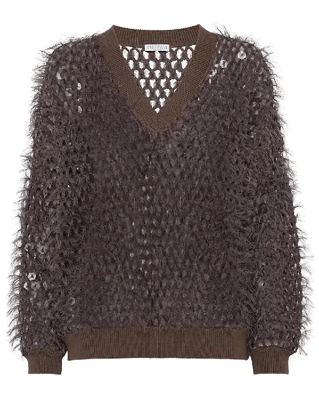 Chocolate Mosiac Fringe Embellished V Neck Pullover Short Puff Sleeve