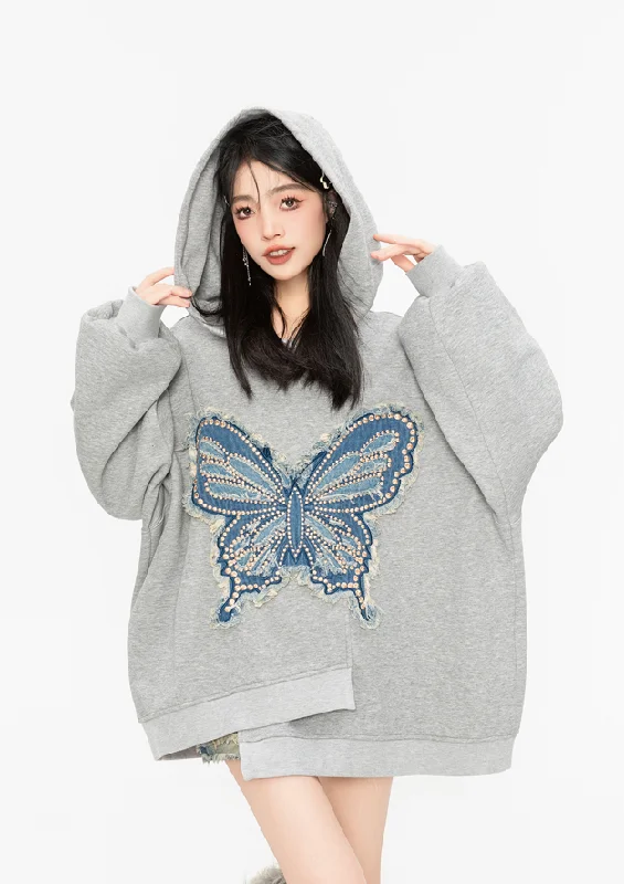 Butterfly Dream Oversized Hoodie Hoodie with Hem Patch Decorative Personalized
