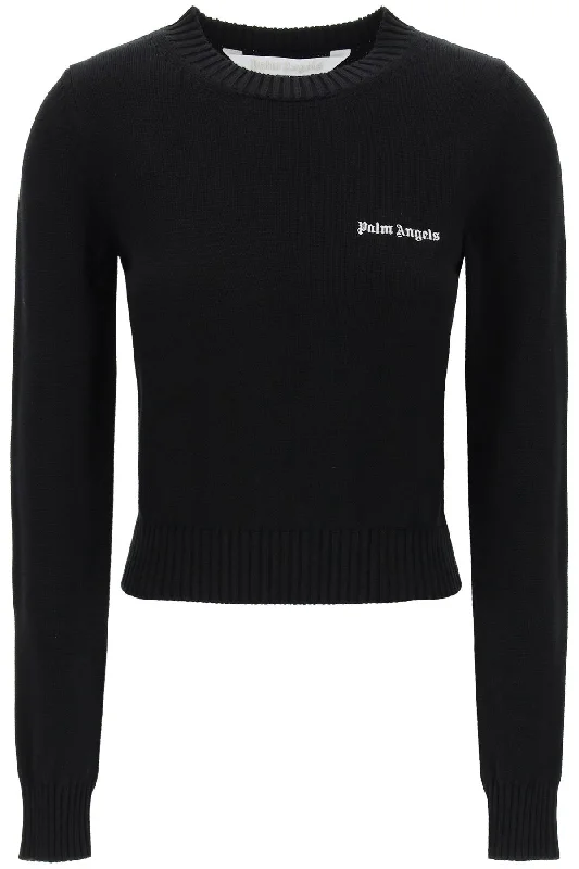 Cropped Pullover With Embroidered Logo  - Black Chenille Soft Sweater