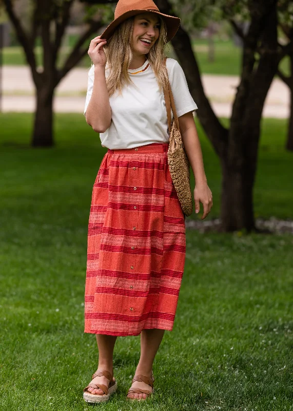 Red Brick Striped Pocket Midi Skirt lace skirt elegant