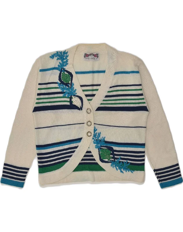 VINTAGE Womens Cardigan Sweater UK 14 Medium Grey Striped Striped Floral Plaid