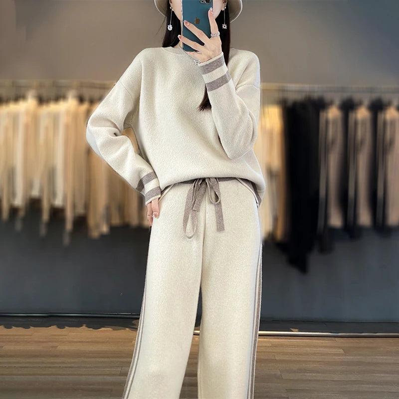 100% Merino Wool Suit Autumn/Winter New Fashion Two-Piece Set Women's Round Neck Pullover Casual High Waisted Trousers Suit Boxy Neck Sweater 100% Merino Wool Suit Autumn/Winter New Fashion Two-Piece Set Women's Round Neck Pullover Casual High Waisted Trousers Suit Boxy Neck Sweater