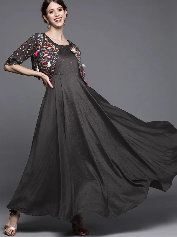 Inddus Charcoal Grey Embroidered Gown with Heavy Embroidered Jacket Nylon Fabric Polyester Fabric Spandex Fabric