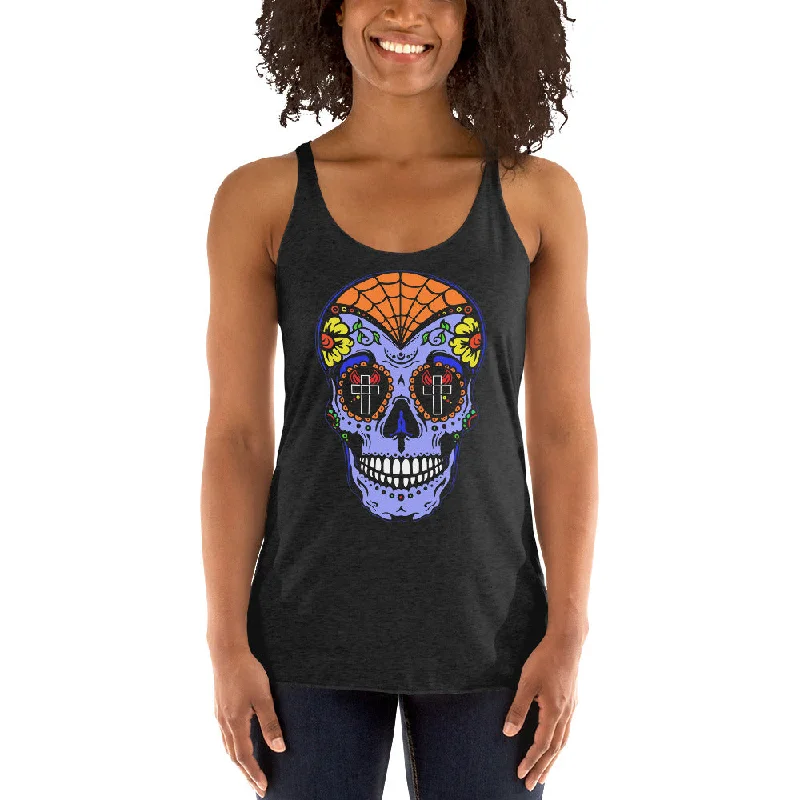 Blue Sugar Skull Day of the Dead Halloween Women's Racerback Tank Top Shirt cropped tank top