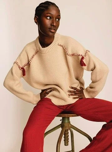 Tasseled Cashmere Pullover - Beige Keyhole Neck Pullover
