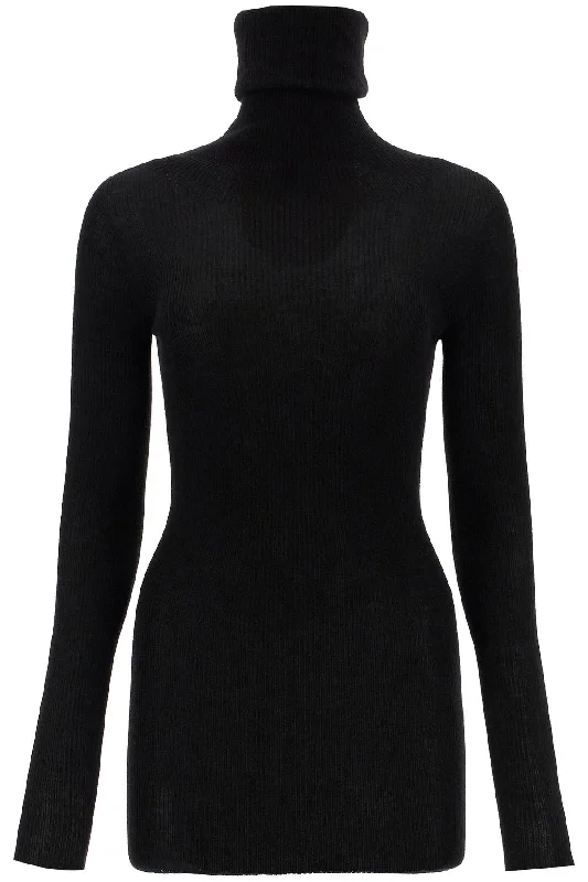 High-neck Wool Pullover Sweater  - Black Cable Knit Chunky