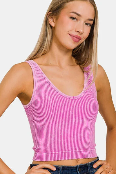 Zenana Washed Ribbed Cropped Tank print tank top