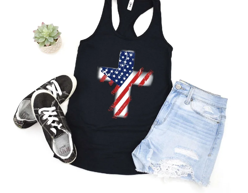 American Flag Cross Ladies Tank Top essential tank top