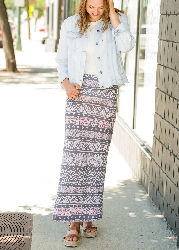 Gray and Pink Geometric Print Maxi Skirt - FINAL SALE denim skirt trendy