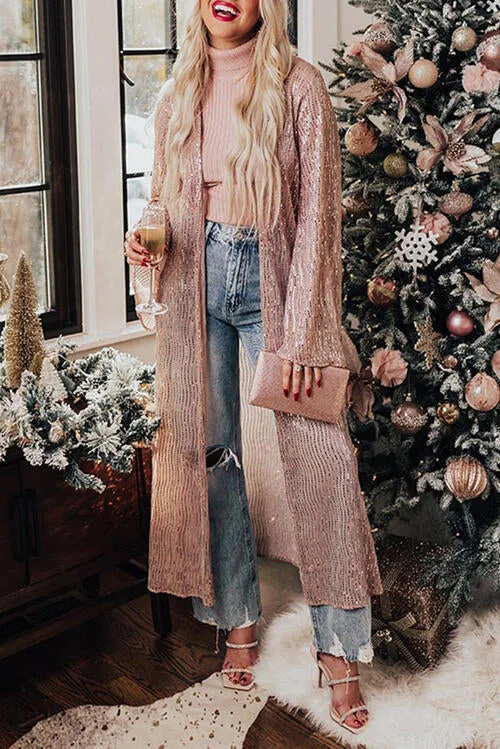 Sequin Open Front Long Sleeve Cardigan Seamless Knitted Crochet