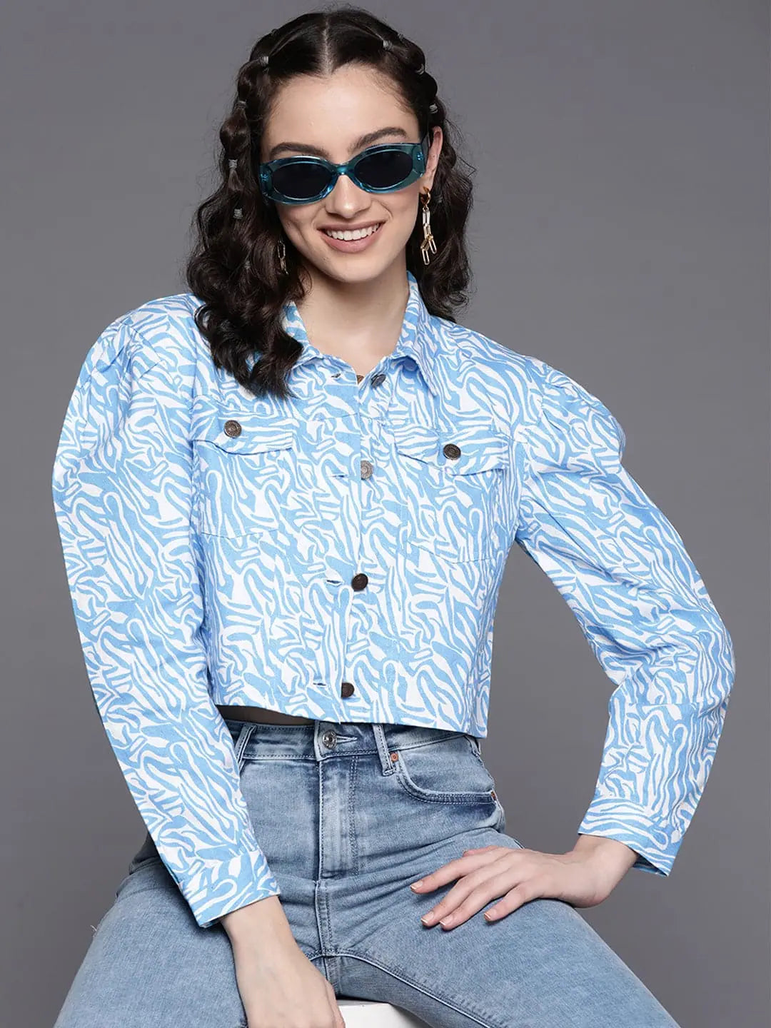 Women Printed Blue Full Sleeve Jacket Satin Fabric Silk Fabric Chiffon Fabric