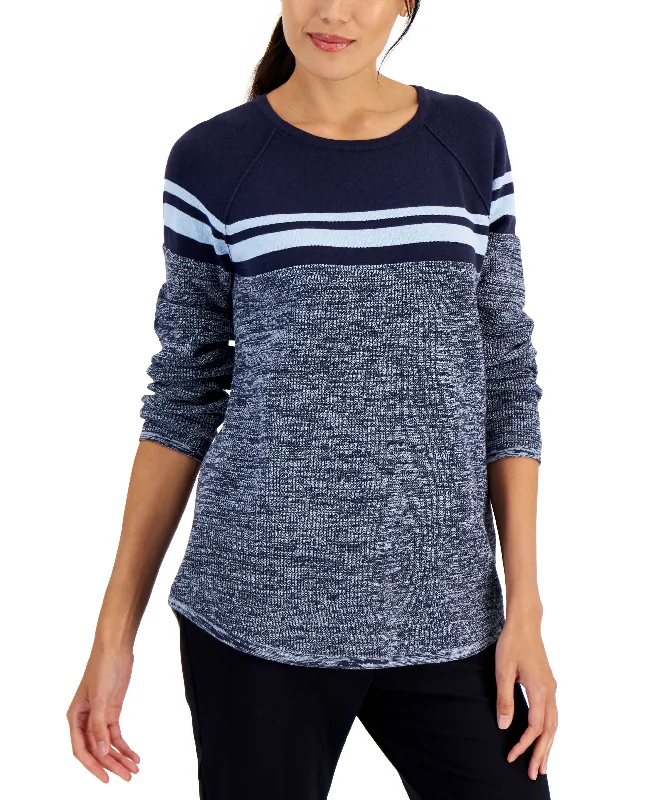 Karen Scott Petite Cotton Curved-Hem Striped Pullover Sweater Three Quarter Sleeve