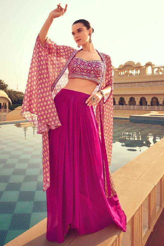 Eugeniya Belousova Chinon Fabric Readymade Rani Color Lehenga Choli With Jacket Cardigan Sweater Pullover