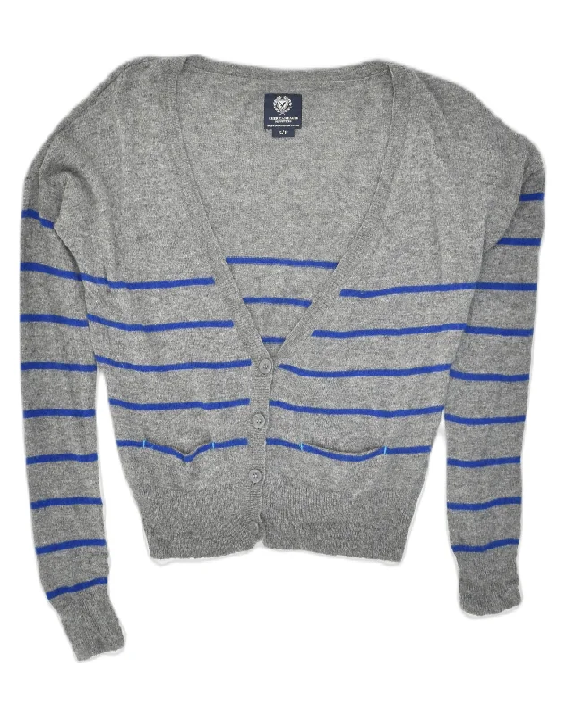 AMERICAN EAGLE Womens Crop Cardigan Sweater UK 10 Small Grey Striped Wool Boat Neck Shawl Collar Notched Collar AMERICAN EAGLE Womens Crop Cardigan Sweater UK 10 Small Grey Striped Wool Boat Neck Shawl Collar Notched Collar