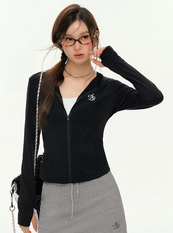 Slim-Fit Zip-Up Hoodie: Lightweight Athletic Jacket with Logo Embroidery Hoodie with Distressed Vintage Worn