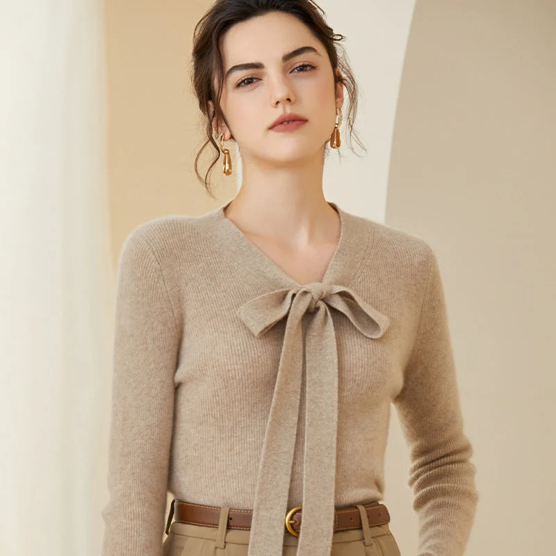 Women V Neck Cashmere Sweater Tie Long Sleeve Pullover Cashmere Sweater Crew Neck Wool Women V Neck Cashmere Sweater Tie Long Sleeve Pullover Cashmere Sweater Crew Neck Wool