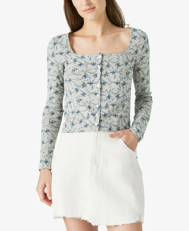 Lucky Brand Pointelle Floral Print Cardigan Zippered Front Buttoned Front Snap Front Lucky Brand Pointelle Floral Print Cardigan Zippered Front Buttoned Front Snap Front