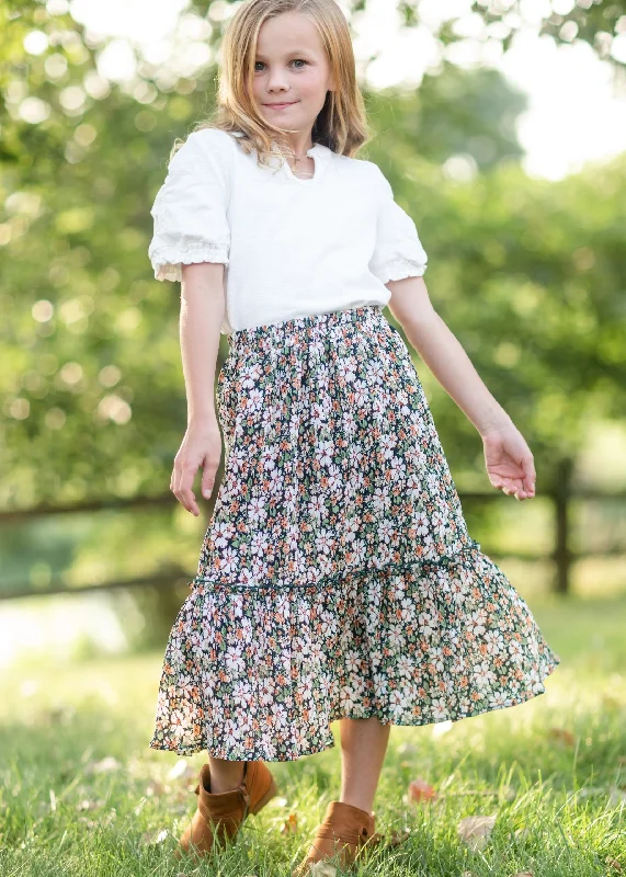 Girls Green Floral Pleated Ruffled Skirt linen skirt relaxed