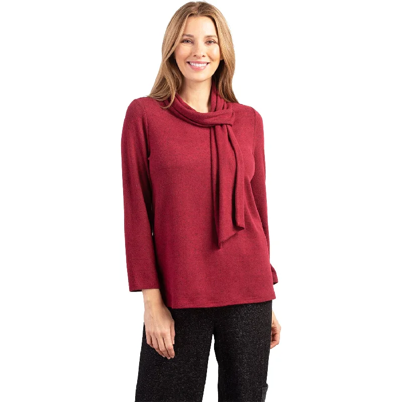 Women's Habitat Tie Neck Pullover Cranberry Shirred Sleeve Feminine