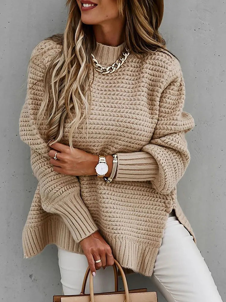 Autumn Winter Women Knitted Sweater Mock Neck Casual Loose Basic Pullovers Warm Elegant Solid Batwing Sleeve Side Split Tops Zipper Front Cardigan Autumn Winter Women Knitted Sweater Mock Neck Casual Loose Basic Pullovers Warm Elegant Solid Batwing Sleeve Side Split Tops Zipper Front Cardigan
