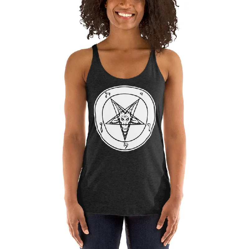 Classic Sigil of Baphomet Goat Head Pentagram Women's Racerback Tank Top Shirt White Print bold tank top