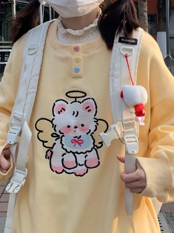 Angel Kitty Button Up Pullover Deep Neck Pullover