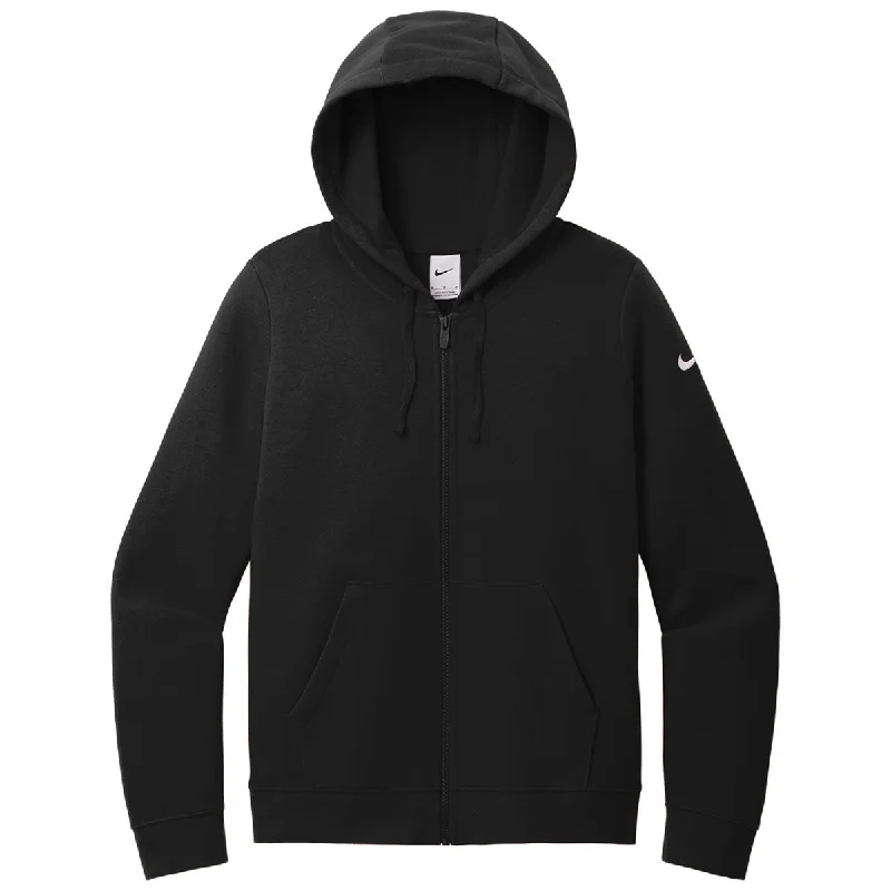 Nike Women's Black Club Fleece Sleeve Swoosh Full-Zip Hoodie Hoodie with Raw Hem Edgy Unfinished