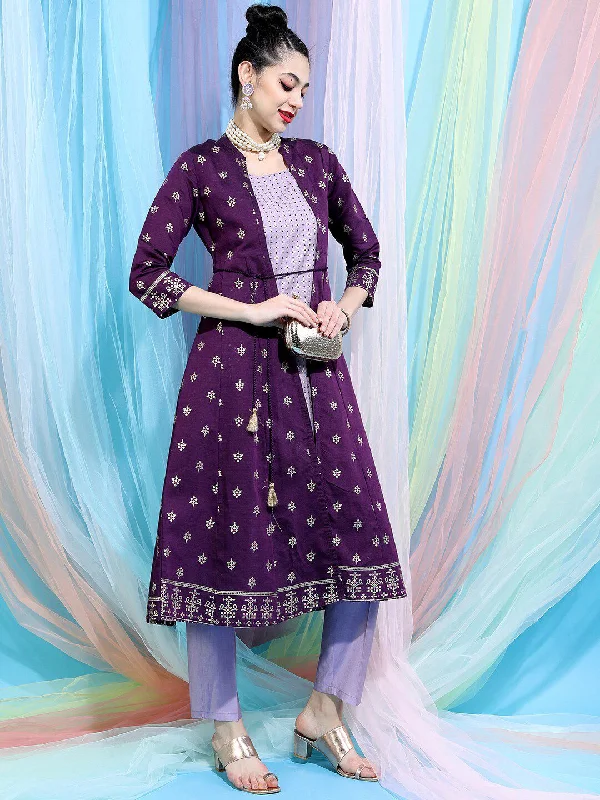 Vishudh Women Ethnic Motifs Printed Empire Kurta with Trousers & Jacket Hooded Jacket Caped Jacket Shawl Collar Jacket