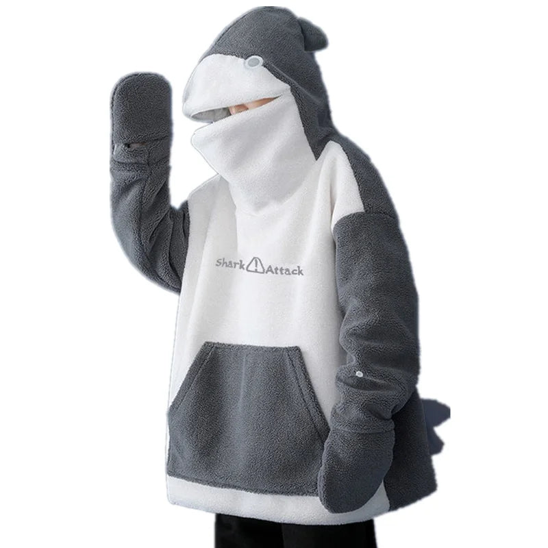 Couples Shark Shape Hoodies Kawaii Loose Tops Lambswool Zipper Hooded Big Pockets Pullovers Puff Sleeve Stylish Couples Shark Shape Hoodies Kawaii Loose Tops Lambswool Zipper Hooded Big Pockets Pullovers Puff Sleeve Stylish