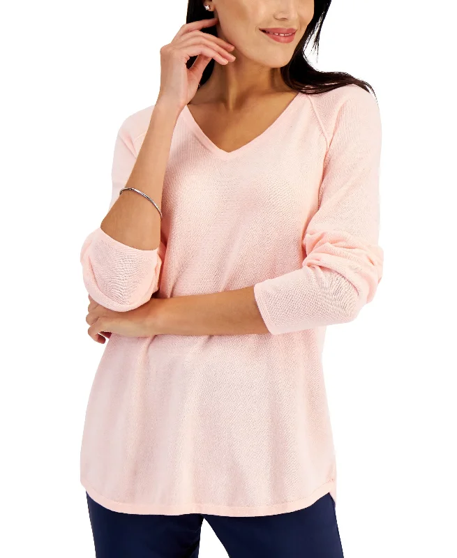 Petite Cotton V-Neck Curved-Hem Pullover Sweater Short Sleeve Top