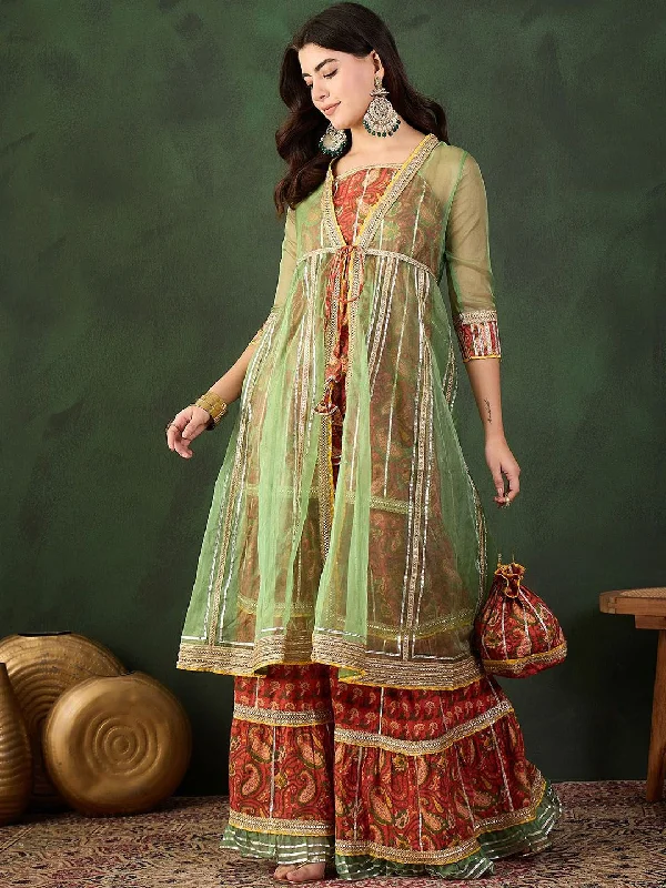 Sangria Printed Straight Kurta Sharara With Jacket Set Welt Pockets Slit Pockets Flap Pockets Sangria Printed Straight Kurta Sharara With Jacket Set Welt Pockets Slit Pockets Flap Pockets