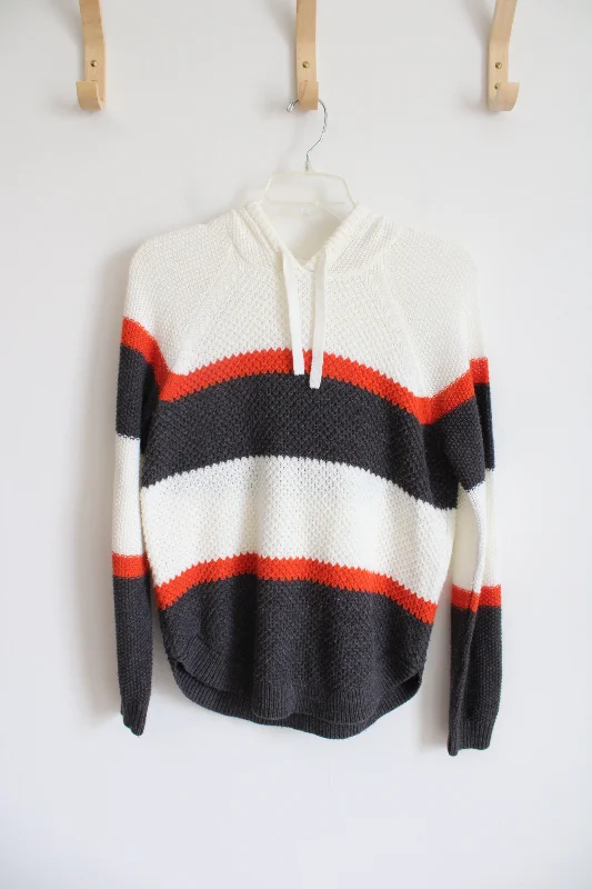 Cloud Chaser Gray & Orange Striped White Sweater Hoodie | S Hoodie with Button Placket Classic Preppy